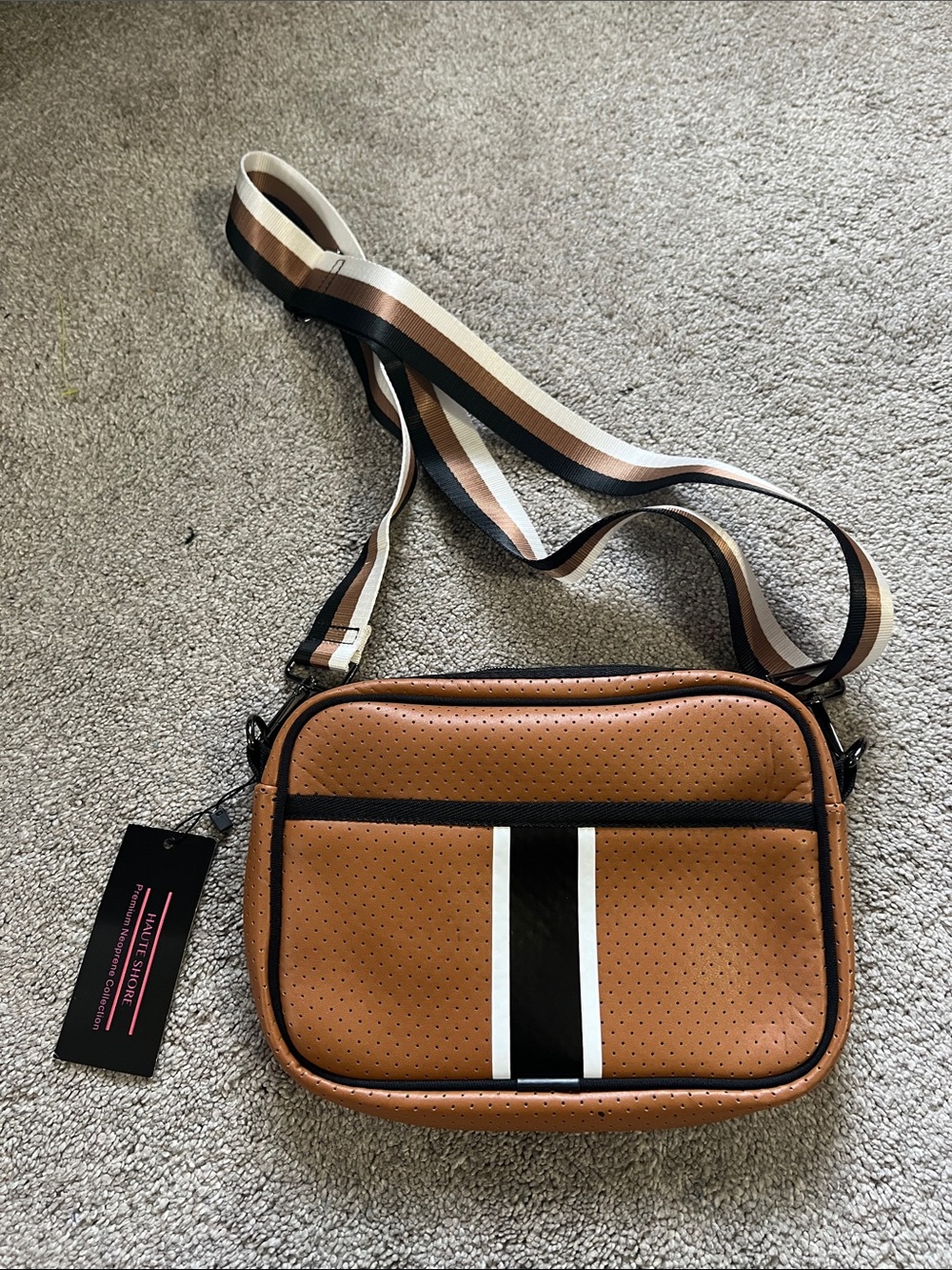 Haute Shore Cognac Perforated Neoprene Camera Crossbody Bag NWT